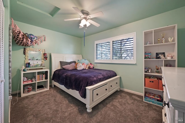 bedroom with baseboards, ceiling fan, and dark carpet