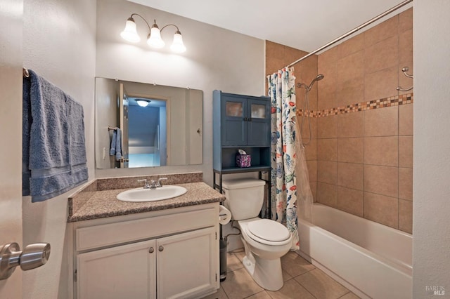 full bathroom featuring tile patterned flooring, shower / bath combination with curtain, toilet, and vanity