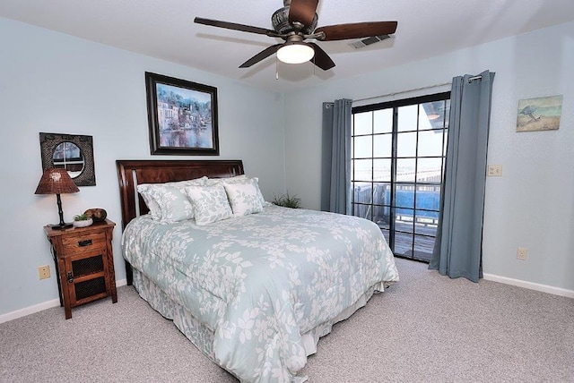 bedroom featuring ceiling fan, baseboards, visible vents, and light carpet