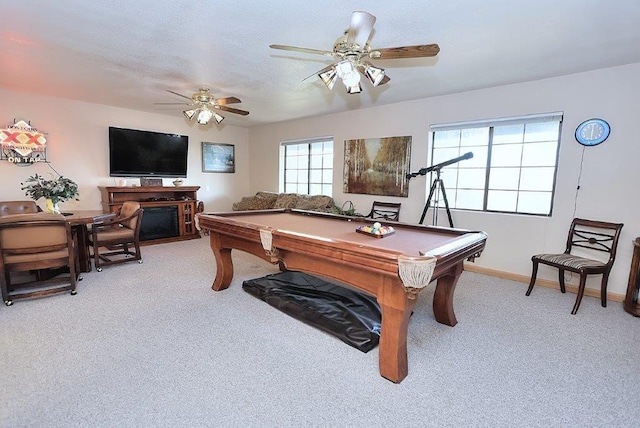 game room with light carpet, pool table, baseboards, and ceiling fan