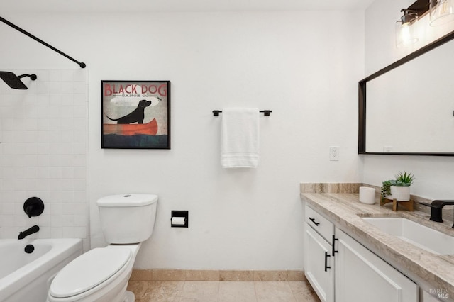 bathroom with tile patterned flooring, baseboards, toilet, shower / bath combination, and vanity