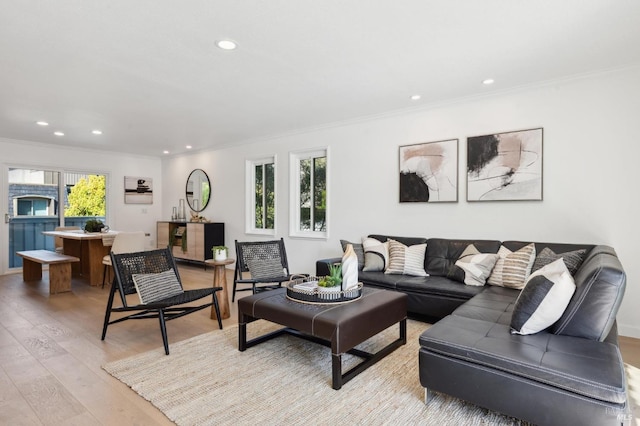 living area featuring crown molding, recessed lighting, and light wood finished floors