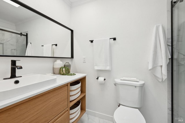 full bathroom featuring crown molding, toilet, a stall shower, marble finish floor, and vanity