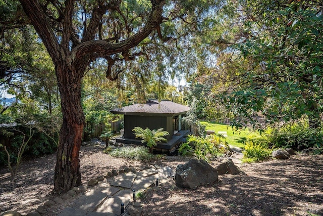 view of yard with a wooded view