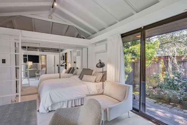 bedroom with lofted ceiling with beams, access to outside, and a wall mounted air conditioner