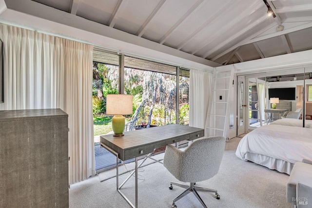 carpeted bedroom with lofted ceiling with beams, french doors, and access to outside