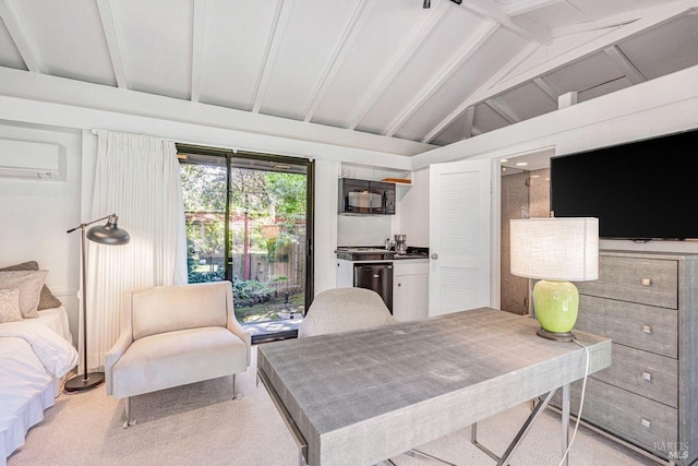 home office with lofted ceiling with beams, light carpet, and a wall mounted AC