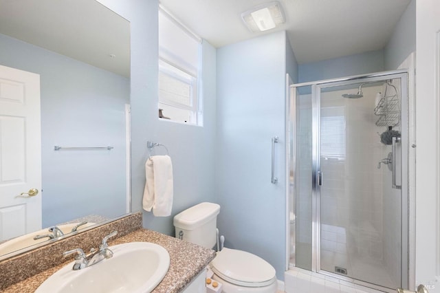 full bath featuring vanity, toilet, visible vents, and a stall shower