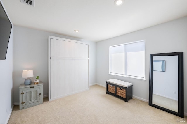 carpeted bedroom with recessed lighting, visible vents, baseboards, and a closet