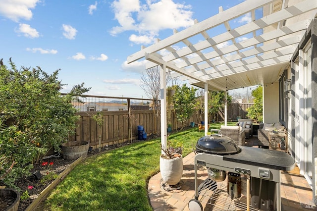 view of yard featuring a patio, a pergola, outdoor lounge area, and a fenced backyard