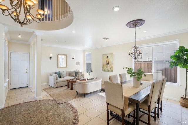 dining room featuring visible vents, ornamental molding, recessed lighting, an inviting chandelier, and baseboards