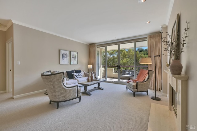 living area with ornamental molding, baseboards, and light carpet