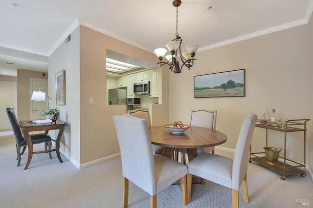 dining space featuring visible vents, crown molding, baseboards, light colored carpet, and a chandelier