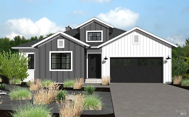 modern farmhouse with driveway, board and batten siding, a shingled roof, a garage, and a chimney