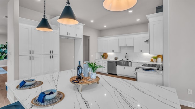 kitchen featuring light stone countertops, white cabinetry, a sink, decorative backsplash, and stainless steel dishwasher