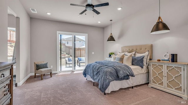 bedroom featuring visible vents, baseboards, recessed lighting, access to outside, and light colored carpet