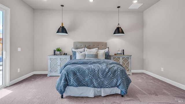 carpeted bedroom with recessed lighting and baseboards