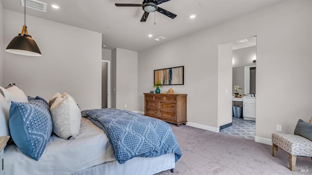 bedroom featuring recessed lighting, carpet, visible vents, and baseboards