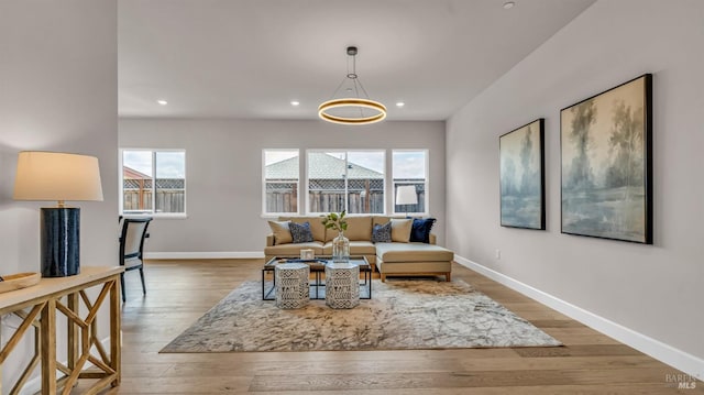 living area featuring plenty of natural light, baseboards, and hardwood / wood-style flooring