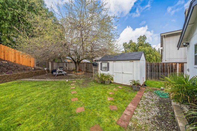 view of yard with an outbuilding, a storage shed, and a fenced backyard