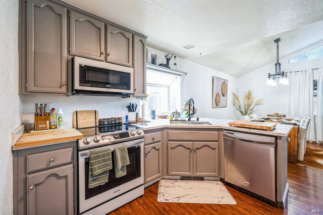 kitchen with a sink, a peninsula, plenty of natural light, and stainless steel appliances