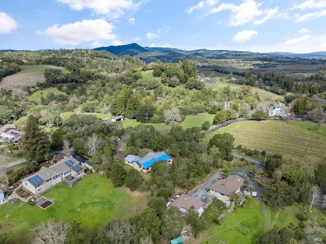 birds eye view of property with a mountain view and a wooded view