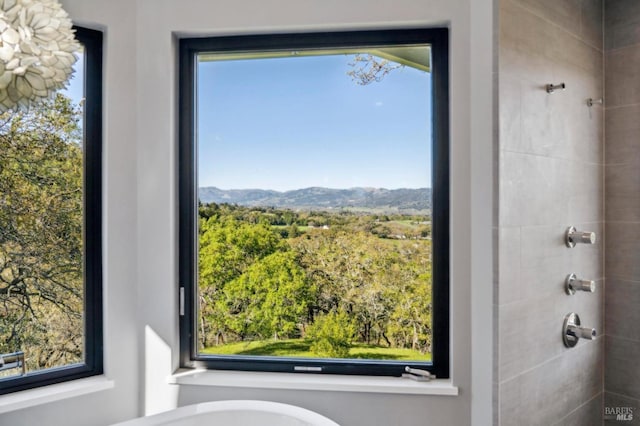 details with a freestanding tub, a mountain view, and a tile shower