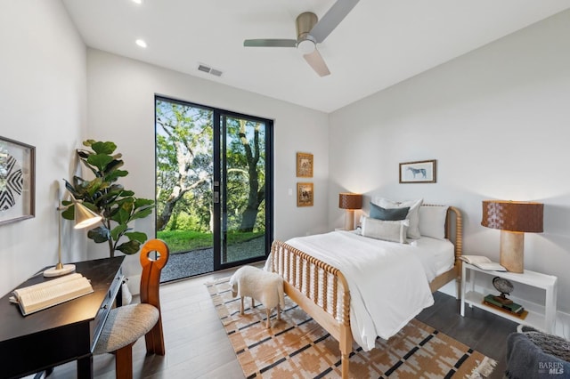 bedroom with access to exterior, recessed lighting, ceiling fan, and wood finished floors