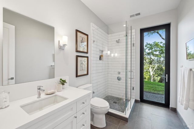 bathroom featuring vanity, visible vents, a shower stall, tile patterned floors, and toilet