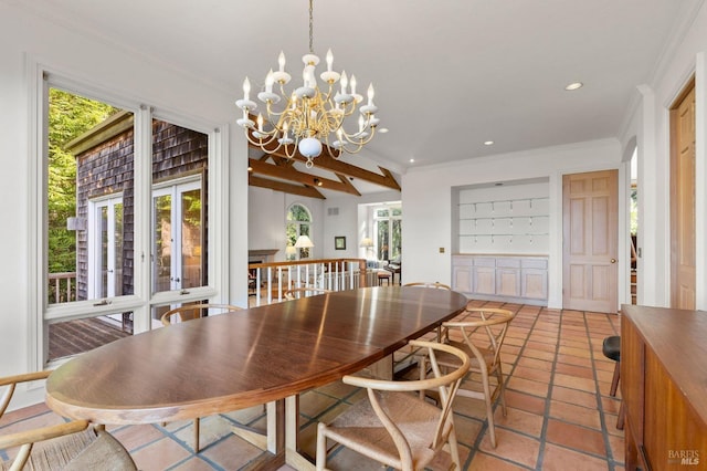 dining area featuring recessed lighting, a chandelier, crown molding, and light tile patterned floors