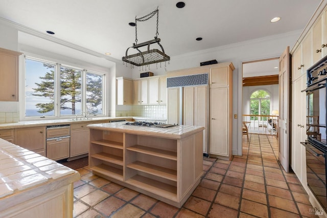 kitchen featuring tile countertops, open shelves, backsplash, and light brown cabinets