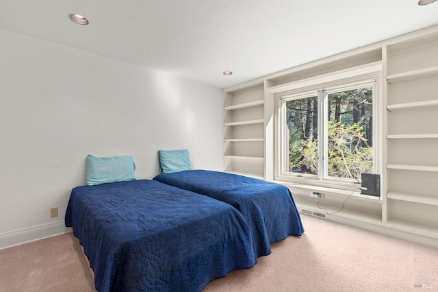 bedroom featuring recessed lighting, carpet flooring, baseboards, and visible vents