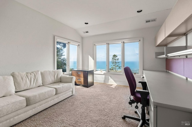 carpeted office space featuring visible vents, a water view, and vaulted ceiling
