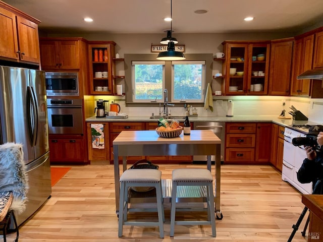 kitchen with backsplash, stainless steel appliances, light wood-type flooring, and a sink