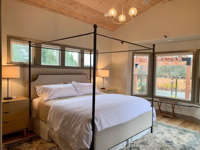 bedroom with wood finished floors, a notable chandelier, wood ceiling, and high vaulted ceiling