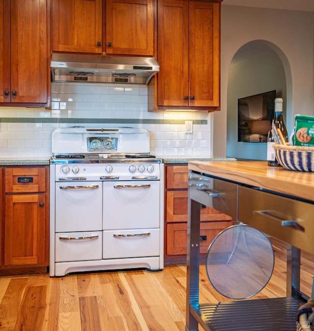 kitchen with light wood-type flooring, under cabinet range hood, double oven range, brown cabinetry, and decorative backsplash