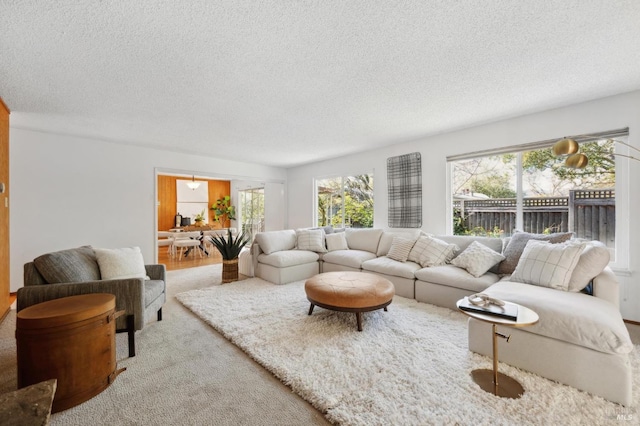 living area with a textured ceiling