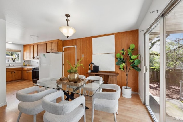 dining area with wooden walls and light wood finished floors