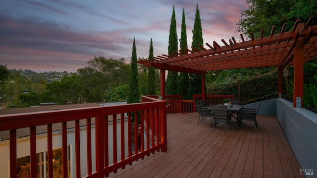 5595 Estates Dr, Oakland, CA 94618 - wooden deck featuring outdoor dining space and a pergola