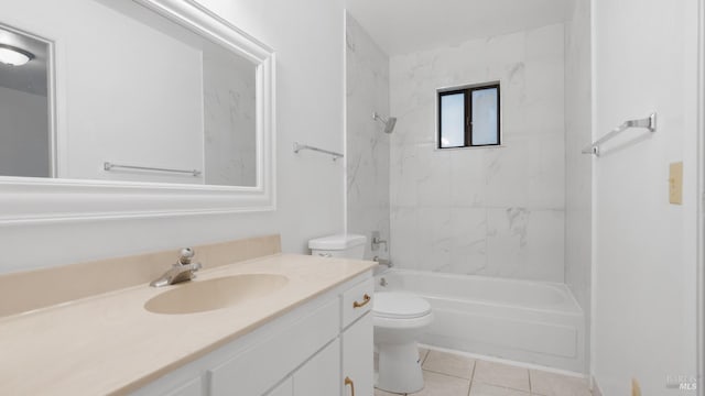 full bathroom featuring tile patterned floors, shower / tub combination, toilet, and vanity