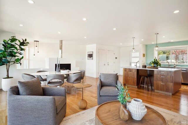 living room featuring light wood finished floors and recessed lighting