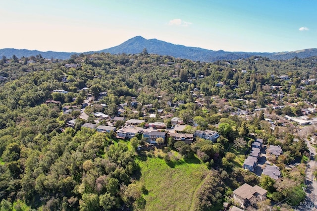 aerial view featuring a view of trees and a mountain view