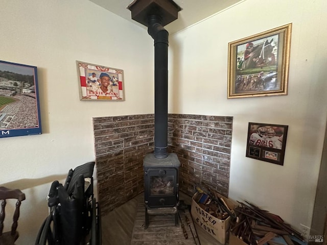 room details featuring a wood stove