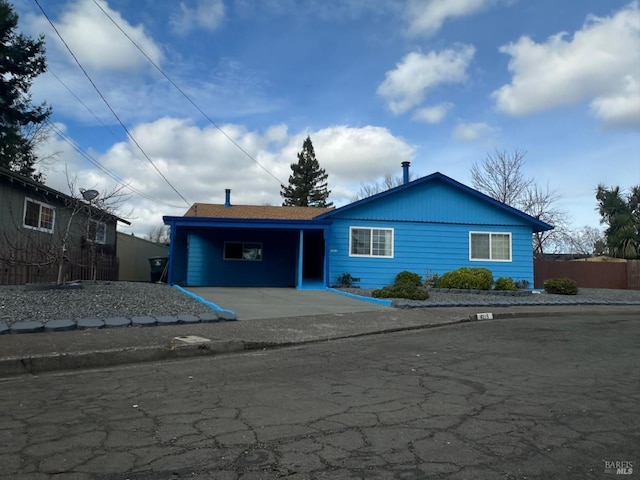 ranch-style house featuring fence