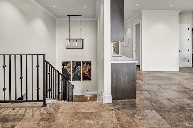 stairway featuring recessed lighting, baseboards, and ornamental molding