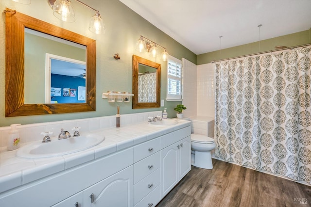 bathroom featuring toilet, wood finished floors, double vanity, and a sink
