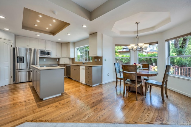 kitchen featuring a raised ceiling, appliances with stainless steel finishes, light wood finished floors, and a chandelier