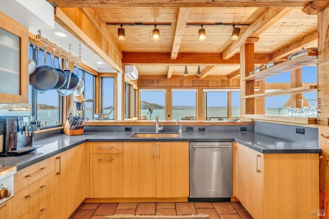 kitchen with beamed ceiling, an AC wall unit, a sink, wooden ceiling, and dishwasher