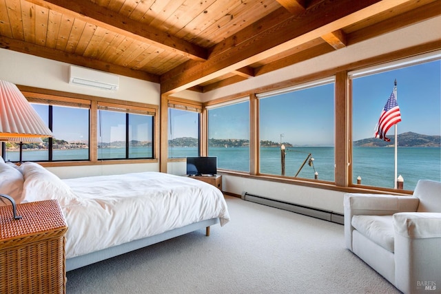 bedroom with a wall mounted air conditioner, beam ceiling, wooden ceiling, carpet flooring, and a baseboard radiator