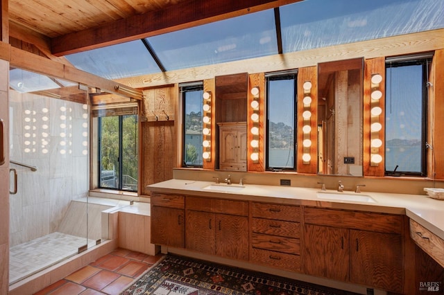 bathroom with double vanity, a shower stall, and a sink